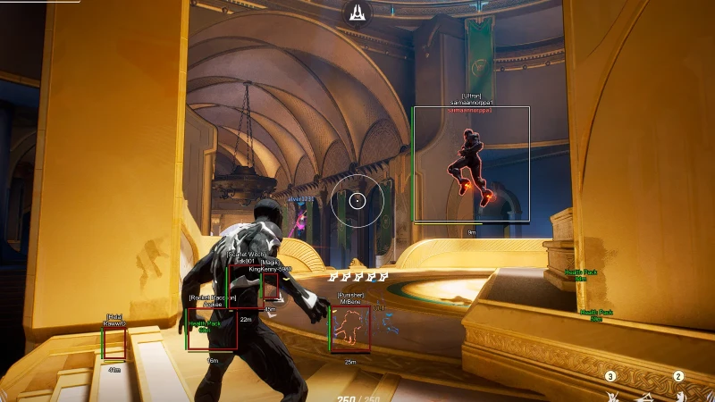 ESP overlay showing hero boxes, health, and distance